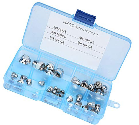 50Pcs Acorn Nuts M3 M4 M5 Acorn Nut, Dome Cap Nut M6 M8 Stainless Steel Hex Dome CoverAssortment Kit with Storage Box for Screws Bolts