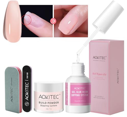 Aokitec 28g Nail Dipping Powder Kit for Nail Repair - 4 PCS Nail Repair Kit for Broken Natural Nails with Build Powder Nail Repair Glue, Quick Air Dry Nail Hardener Nail Strengthener for Damaged Nails