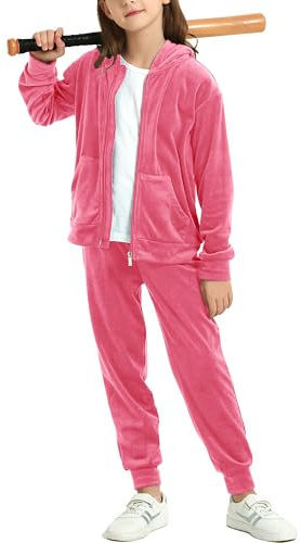MessBebe Girls Sweatsuits Jogging Set Velour Tracksuit 2 Piece Outfits Zip Up Hoodies and Pants Sportswear Set Rose Red 120