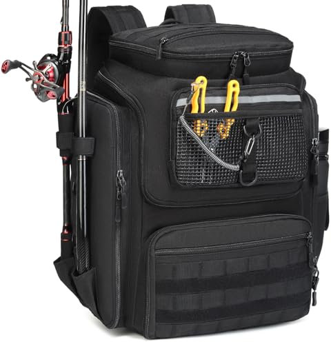 BlesMaller Angelrucksack mit Rutenhaltern 45L große Angeltasche wasserabweisend Angelausrüstung Rucksack für Angeln Wandern Camping Trekking