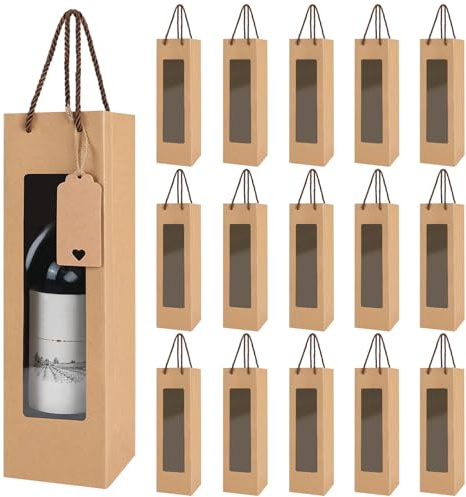 MOAMUN 30 st. vin presentpåse klar fönster flaskväska med 30 presentetiketter & rep, brun vinpåse presentpåsar flaskor med handtag, flaskväska för bröllop fest semester födelsedag, Gulbrun, Enkel,