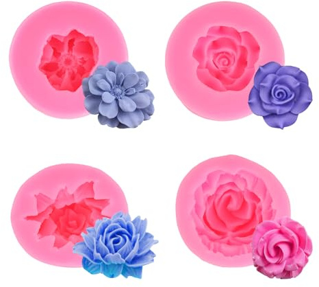 Moule Bougie, 4 pièces Moule Silicone Bougie Fleur pour Fabrication de Savon Décorations Gâteaux Chocola Glaçons Gelée Pâtisserie gâteaux dessert