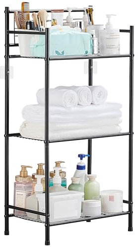 SWOYYU Badezimmer Regal 3 Böden Organizer küchenregal Stehend Metall Badregal Freistehend Lagerregal Standregale Handtuchhalter Stehend für Bad, Küche, Büro Schwarz