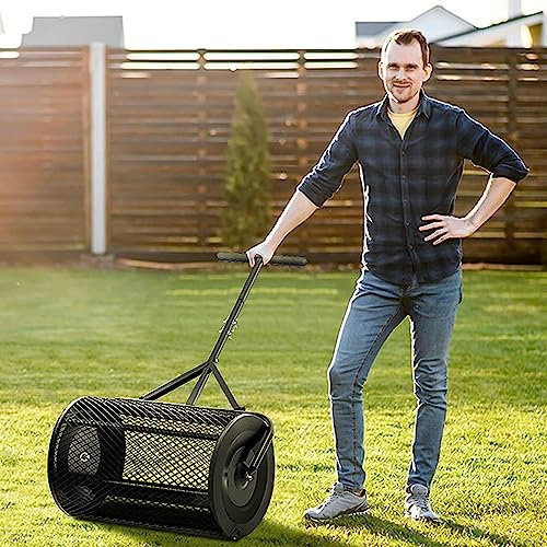 Épandeur de compost Épandeur de mousse de tourbe, épandeur de compost de 27 pouces pour pelouse et jardin, avec long manche réglable, rouleau à gazon durable, pour la plantation, l'ensemencement, n