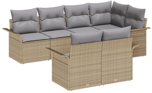 vidaXLs 7-delade trädgårdsoffasats med kuddar - Perfekt för häng i trädgården! Denna sköna beige poly-rattansoffa tål väder och vind och passar superbra på din altan, i trädgården eller på balkongen.