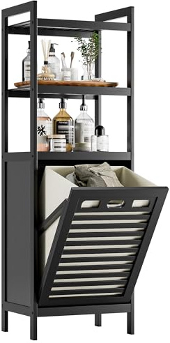 HITNET Tilt Out Laundry Hamper, Bamboo Bathroom Cabinet with Pull Out Removable Bag and 3 Tier Storage Shelves, 10 Gal Clothes Basket with Metal Handle, Black