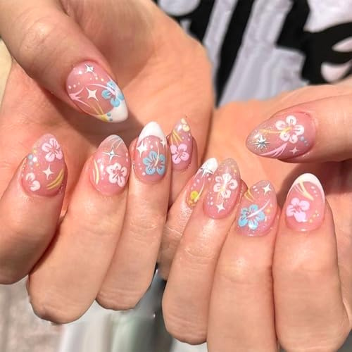 Auiremrti 24 pièces Faux ongles avec fleurs de printemps et d'été, French Tip, Pose florale sur ongles, Adhésif sur ongles amande courts, Brillants, Réutilisables