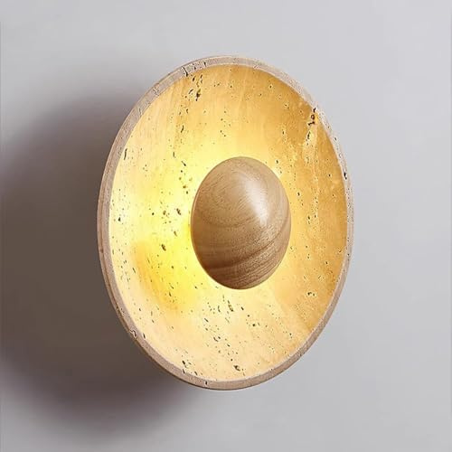 Lampada da parete rotonda a LED in legno nordico e pietra naturale, lampada da comodino a luce calda per camera da letto e soggiorno, design lunare cablato, elegante illuminazione da parete (finitura