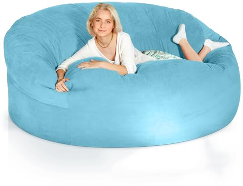 Green Bean Jumbo Max Riesensitzsack mit Memory-Schaum Flockenfüllung – Sitzsack XXL aus flauschigem Velours in 6ft (180x120cm) Hellblau – Indoor Lounge-Sitzsack waschbar & gemütlich