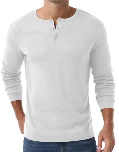 PrinStory Herr Henley T-shirt, Långärmad Dragskondrad Snygg Passform T-shirt V-hals Tröja Topp med Knapp, Vitt, XL
