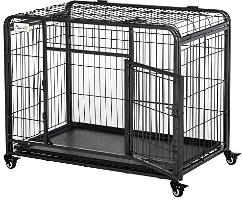 PawHut Kennel Gabbia per Cani Pieghevole a Doppia Porta con Blocco, Box per Cani con 4 Ruote con Freno e Fondo Rimovibile, 94x58x69.5 cm, Grigio Scuro
