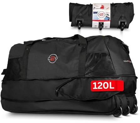Große Reisetasche mit Rollen 120 L – Faltbare Rolltasche & Sporttasche XXL – leicht, robust & platzsparend – ideale Reisetasche zum Ziehen für Urlaub, Sport & Training (Schwarz)