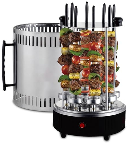 1200W Grill Kebab Vertical Électrique, BBQ Intérieur sans Fumée Rotation 360° avec 8 Brochettes, Rôtissoire en Acier Inoxydable pour Maison, Jardin, Fête Et Camping