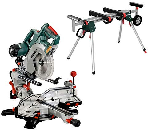 metabo Kappsäge KGSV 72 Xact SYM Set - 1800 W - Doppellinienlaser, LED-Arbeitslicht, präzises Sägen von Gehrungen, kompakte Zugfunktion, ideal für Aluminium & Kunststoff - Mit Maschinenständer KSU 251