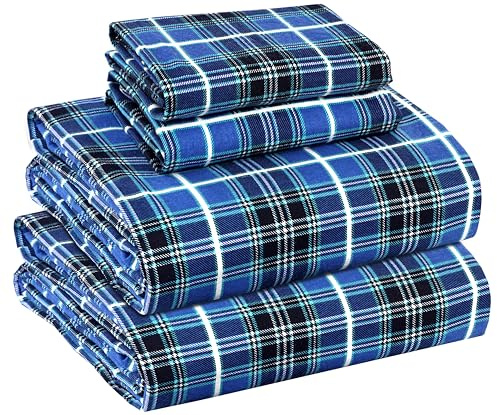 RUVANTI Flannel Sheets Queen Size - 100% Cotton Double Brushed Bed Sheets, Deep Pockets 16 Inches Queen Sheet Set, All Seasons Breathable & Extra Soft - Warm & Cozy, 4 Piece, Blue Plaid