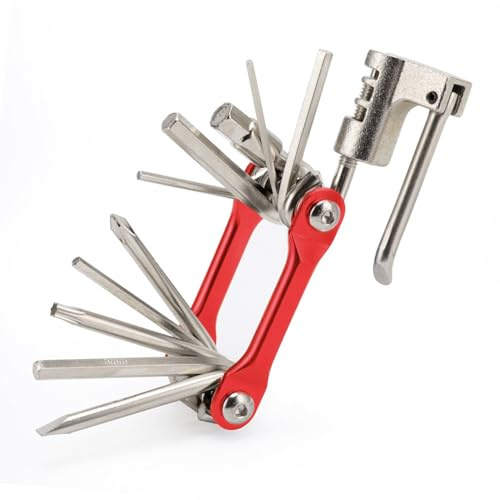 QitinDasen 11 in 1 Strumento Bicicletta, Attrezzo Bici Multifunzione, Attrezzi Riparazione Bicicletta Mini, Multitool Bici Pieghevole e Portatile (Rosso)