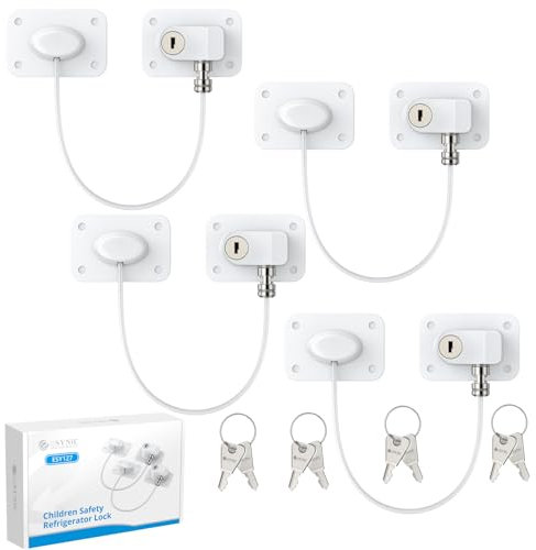 eSynic Kindersicherung Kühlschrank Schloss 4 Stück Ohne Bohren Fenstersicherungen Kinder Kühlschrank Schloss mit Schlüssel - Weiß
