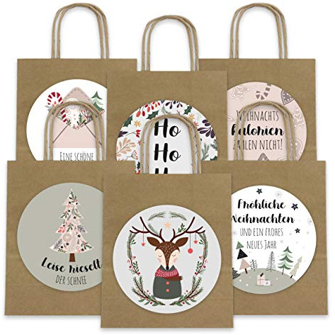 Papierdrachen Geschenktüten Weihnachten – 6 Stück – braun – inkl. XXL-Sticker mit Winter-Pastellmotiven – 22,5×18×8 cm – Henkeltüten Geschenkverpackung