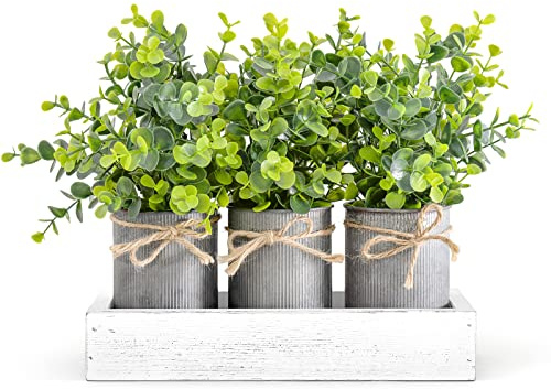Dahey Decorative Galvanized Metal Pots Centerpiece Decor Wood Tray with Artificial Plant, 3 Buckets with Eucalyptus, Rustic Farmhouse Home Decor for Coffee Table Dining Living Room Kitchen Bath, White