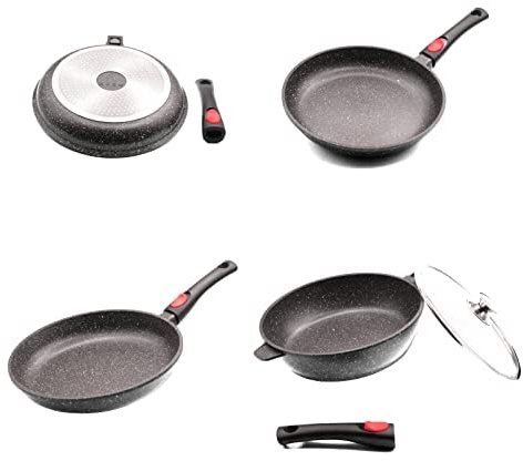 PRADEL LUXE, juego de 3 sartenes de 20/24/28 cm y sartén de 28 cm, todo tipo de fuegos, incluyendo inducción, mango extraíble.