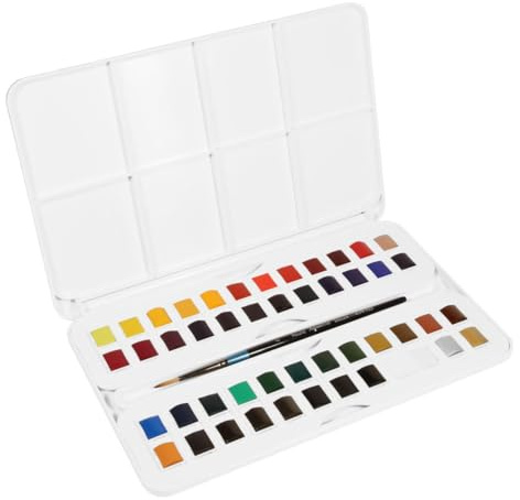 Daler-Rowney Aquafine Watercolour Studio Set mit 48 Halbnäpfchen inkl. einem Pinsel, Mehrfarbig, D131900201 | Verschiedene Farben, für professionelle Künstler