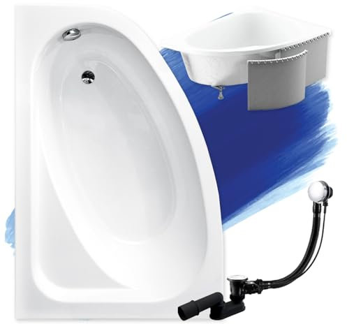 BADLAND Badewanne Original Weiß Acryl Wanne Eckbadewanne CORNEA 150x100 Links KOMPLETTSET SET mit Premium Styroporverkleidung + Füßen und Exklusive Chrom Automatik Ablaufgarnitur Made in EU 4in1