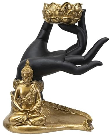Teelichthalter Buddha's Hand mit goldfarbener Figur | Votivhalter Deko
