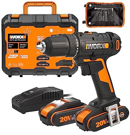 WORX 18V (20V Max) Cordless Drill Driver Kit WX108.2, Max 45 Nm, 2-Speed, LED, 13mm Keyless Chuck, 20+1 Clutch Position, 30pcs Drill bits, PowerShare, 2 * 2.0Ah Battery, 1 * 2A Charger