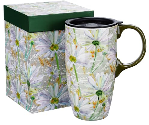 Topadorn 17oz Daisy Ceramic Travel Coffee Mug with Lid | Microwave & Dishwasher Safe, Cup Holder Friendly, Large Coffee Tea Cup with Handle, Commute Office Home Use, Gift-Ready Box