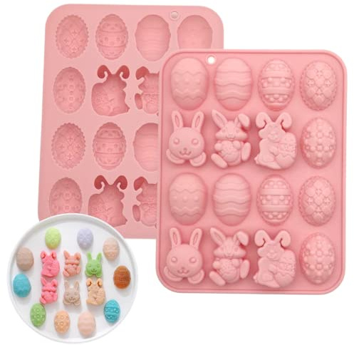 PTaizjjz 1 molde de silicona para dulces de Pascua, moldes de silicona para huevos de Pascua y conejo, 16 cavidades de chocolate, huevos de Pascua, conejo, moldes antiadherentes para hornear