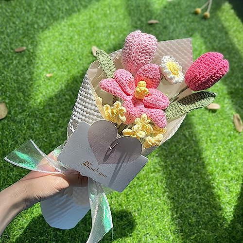 JOMODECOR Handgefertigter gehäkelter Tulpenstrauß, Vergissmeinnicht, Gänseblümchenstrauß, gestrickte künstliche Blumen für immer mit exquisiter Verpackung, Heimdekoration, Feier