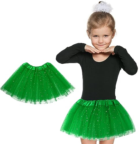 Girls Tutu Skirt with Stars Sequin, Little Girls 3 Layers Tutu Skirt Kids Colorful Party Princess Dance Tutu Princess Dress Ballet Skirt (Green)