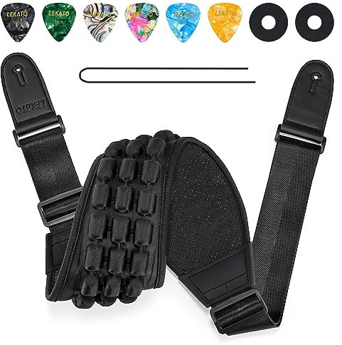 LEKATO Gitarrengurt 3D Luftpolsterung 3,5 Breite, Verstellbarer Bassgurt von 48 bis 57, Neopren-Gitarrengürtel, Gitarren-Accessoire mit Plektrum/Schloss/Saite, für E-Gitarre, Akustikgitarre, E Bass
