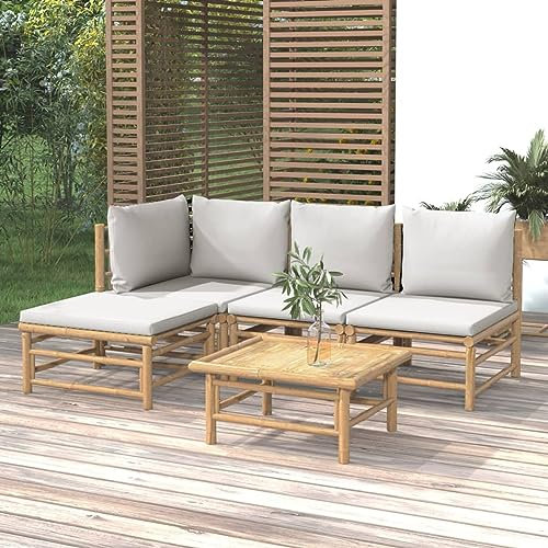 Homgoday 5-TLG. Gartenlounge Set Sitzgruppe Sitzgarnitur Gartenmöbel Set Gartensofa Loungemöbel Gartengarnitur Gartenlounge Terassenmöbel Set mit Hellgrauen Kissen Bambus