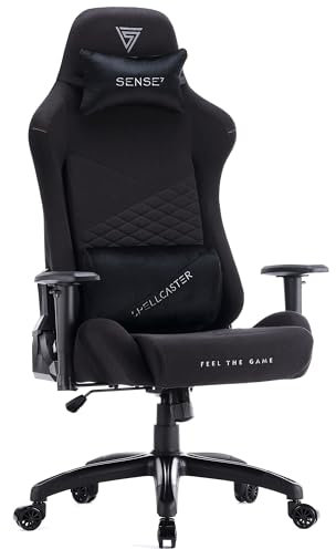 SENSE7 Gaming Stuhl Spellcaster Senshi Edition XL, ergonomischer Gaming Sessel, verstellbaren Lendenkissen Einstellbarer Neigungswinkel, Wippfunktion, Stoff Gaming Chair, 150kg, PC Stuhl Schwarz