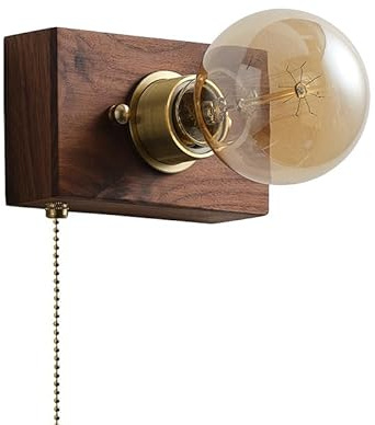 LOGT Holz Wandlampe Innen mit Zugschalter Wandleuchte E27 Lampe mit Schalter Vintage Industrial Bettlampe Nachtlicht für Schlafzimmer, Wohnzimmer, Treppen, Korridor, Restaurant(ohne Leuchtmittel)