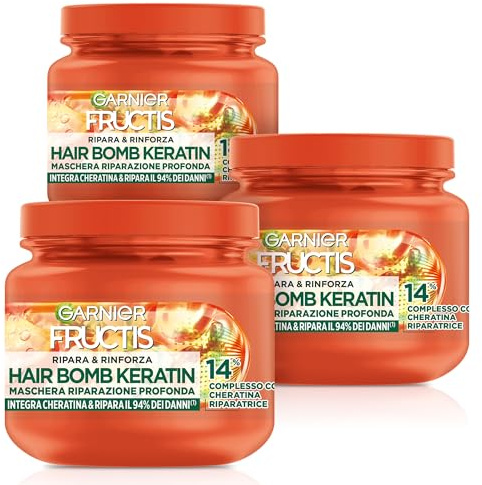 Garnier Fructis Haarmaske zur Reparatur und Stärkung von beschädigtem Haar, Tiefenreparatur, für stärkeres Haar, mit Marulaöl und Keratin-Reparatur, Keratin-Füller, 3 Stück