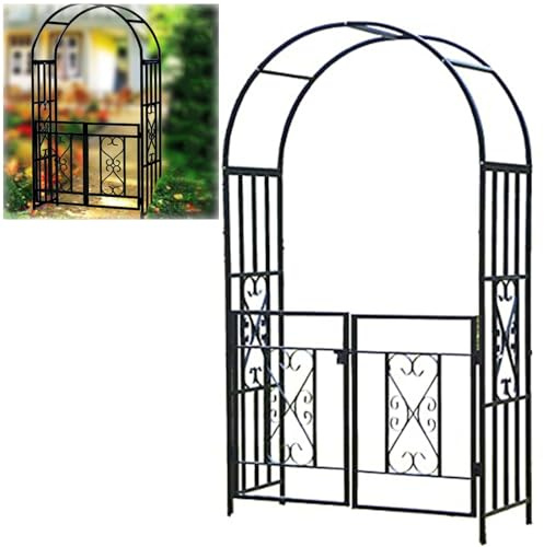 DTGPRO Rosenbogen Torbogen Rankhilfe Mit Tür Metall Spalier Tor Gartenbogen Rankbogen Rankenbogen Rankgitter, Witterungsbeständig, Für Verschiedene Kletterpflanzen, 210x114x52cm Schwarz
