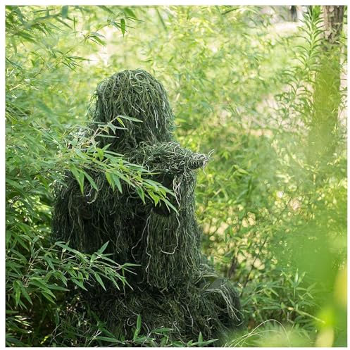 5-Teilige 3D Ghillie Suit Camouflage Jagdbekleidung Jagdbekleidung Herren Einschließlich Jacke,Hose,Kapuze,Tragetasche Airsoft Kleidung Set für Unisex Erwachsene/Jugendliche,ForestGreen-Kids