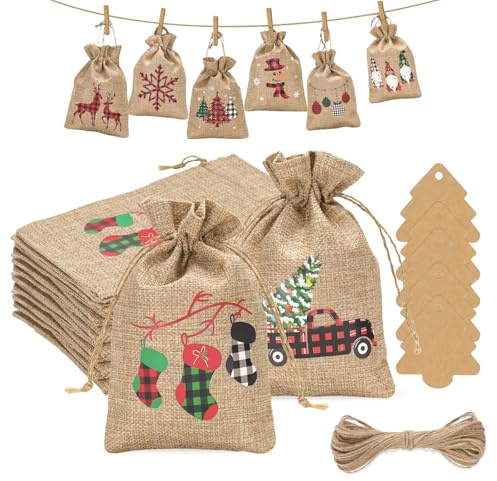 G2PLUS Bolsas de yute para calendario de Adviento (24 uds), 13x18cm Calendario de Adviento para Rellenar con etiquetas 24 y cordel, reutilizables