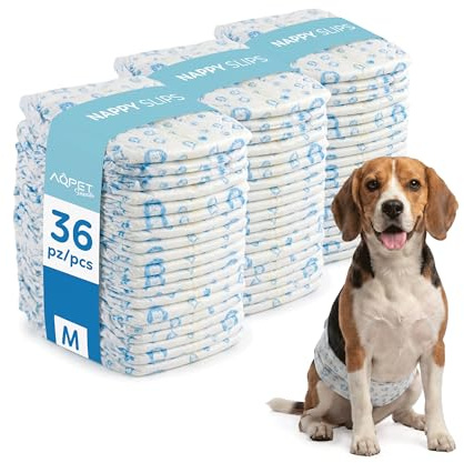 Aqpet Pannolini Igienici a Fascia Mutanda per Cani Maschi con Chiusura Adesiva Regolabile, Anti odore, Usa e getta, Taglia Medium 550x220mm, Confezione da 36 Pezzi