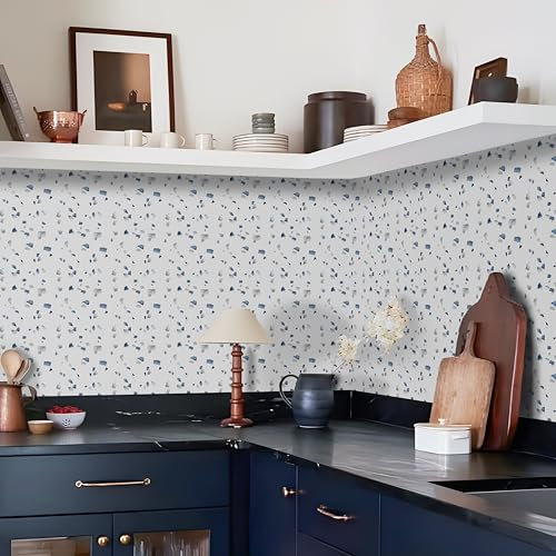 Alwayspon Vinyl Flooring Self Adhesive Floor Tiles Sticker Peel and Stick Vinyl Flooring Planks for Kitchen Living Rooms and Bathroom Floor, White Blue Terrazzo