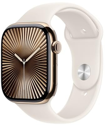 Apple Watch Series 10 GPS + Cellular Smartwatch con Caja de Titanio Oro de 46 mm y Correa Deportiva Blanco Estrella - Talla S/M. Monitor de entreno, App ECG, Pantalla Retina Siempre Activa