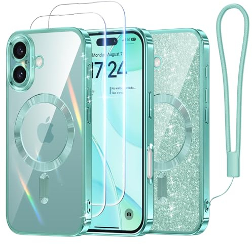 Meifigno Série Candy Coque pour iPhone 16 Plus 6,7, avec 2 protecteurs d’écran, carte pailletée et dragonne, compatible MagSafe, protection d’objectif totale, bleu sarcelle