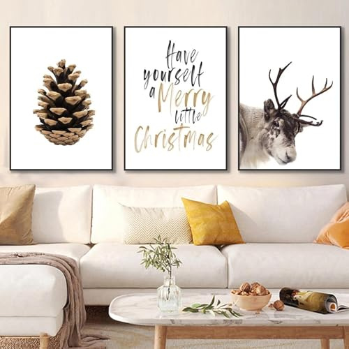 champracer Moderne Premium Poster 3er Set, Schlafzimmer Wandbilder, Winter Poster Hirsche Elch Tannenzapfen, Wandkunst für Wohnkultur, Bilder Wohnzimmer Deko, Ohne Rahmen (30x40 cm,Weihnachts)