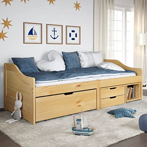 IKAYAA Cama Juvenil con 3 Cajones de Madera Maciza Pino, Cama Infantil 90x200 con Almacenamiento, Cama Individual, Sofá Cama Divan, Acabado Color Marrón
