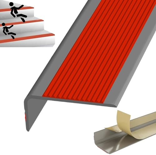 PVC Treppenkantenprofil Antirutsch, Treppenkantenverkleidung, Selbstklebender Treppenkantenschutz, Treppen-Winkelprofil Mit Rillen, Bodenprofil Ungelocht Zum Kleben, Kantenschutz-Formleiste(Grayish re