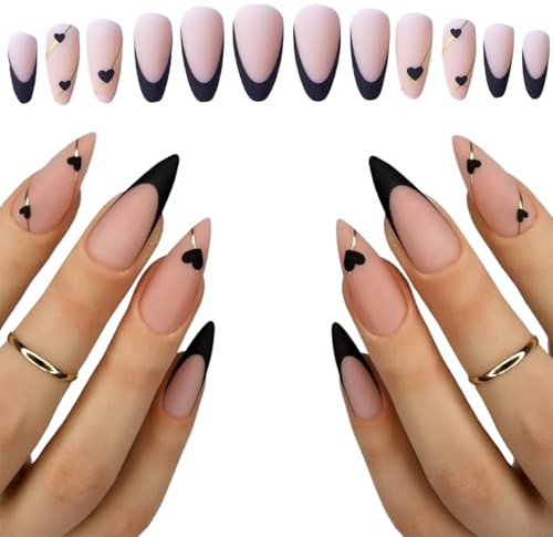 WhaleO 24 Piezas Uñas Postizas Con Pegatinas De Pegamento Press On Nails Uñas Press On Gel Uñas Postizas Gel Uñas Postizas Adhesivas Para Mujeres Niñas - Corazón de Amor Negro