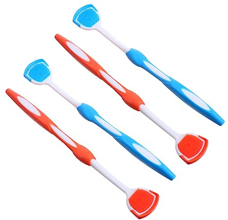 Pulitore di Lingua Riutilizzabile 4 Pezzi in Plastica Nano | Raschia Lingua per Igiene Orale, Rimuove Residui e Cellule Morte, Colori Arancia e Blu
