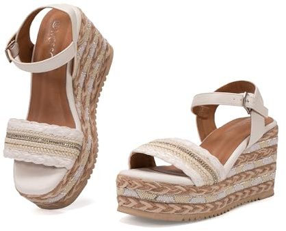 MISSCAI Sandalias Mujer con Cuña Esparto Sandalias Plataforma con Detalles Brillantes